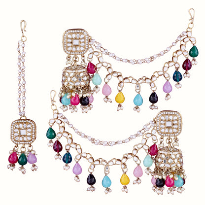 Multi Aayat Mirror Bahubali Jhumka with Statement Kaan Chain and Teeka