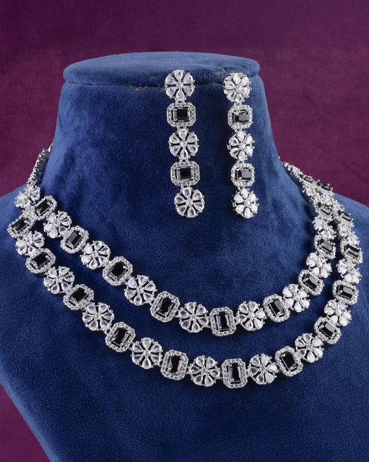 Black Salina 2 Layer American Diamond Necklace Set