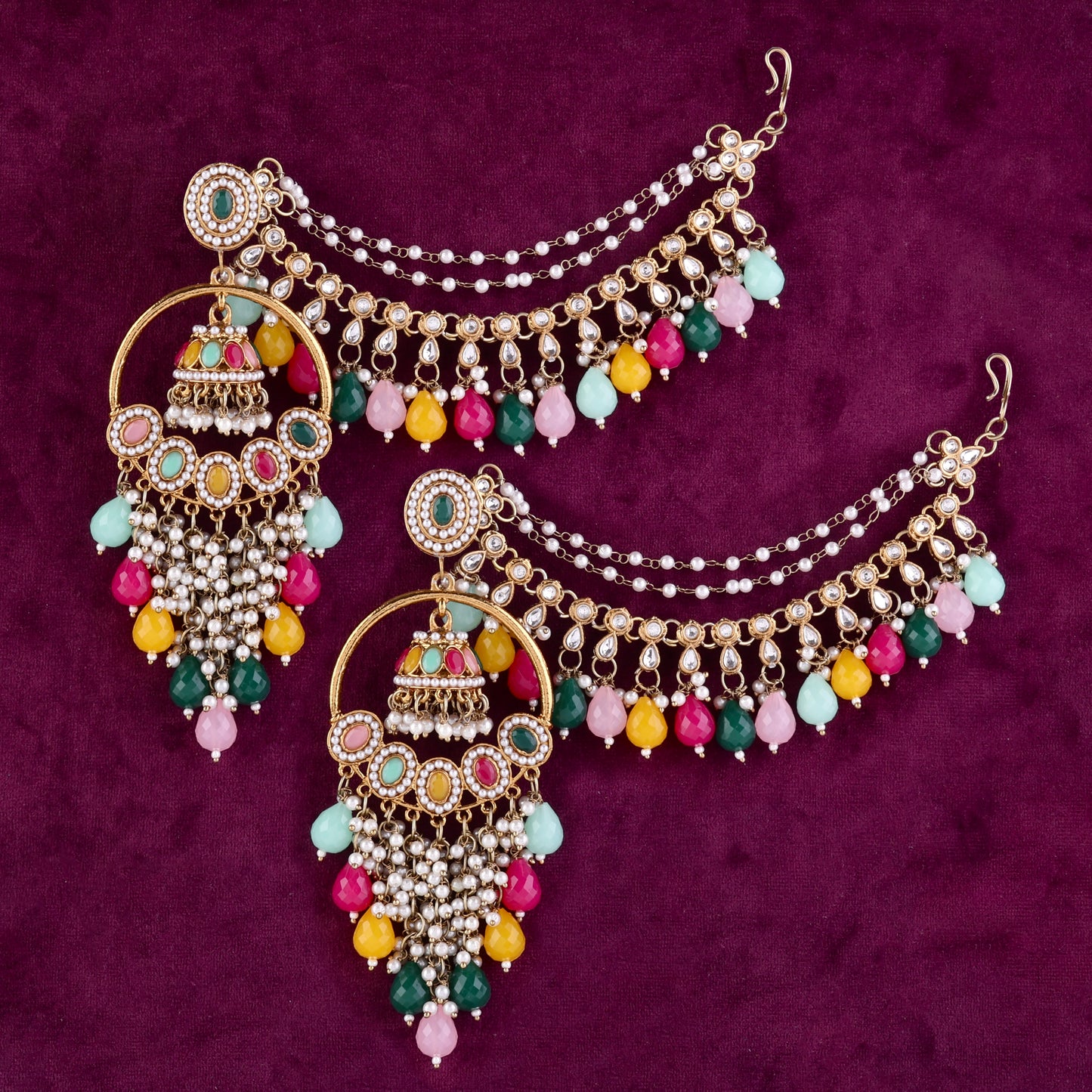 Multi Shanaya Bahubali Chandbali Earring with Statement Kaan Chain