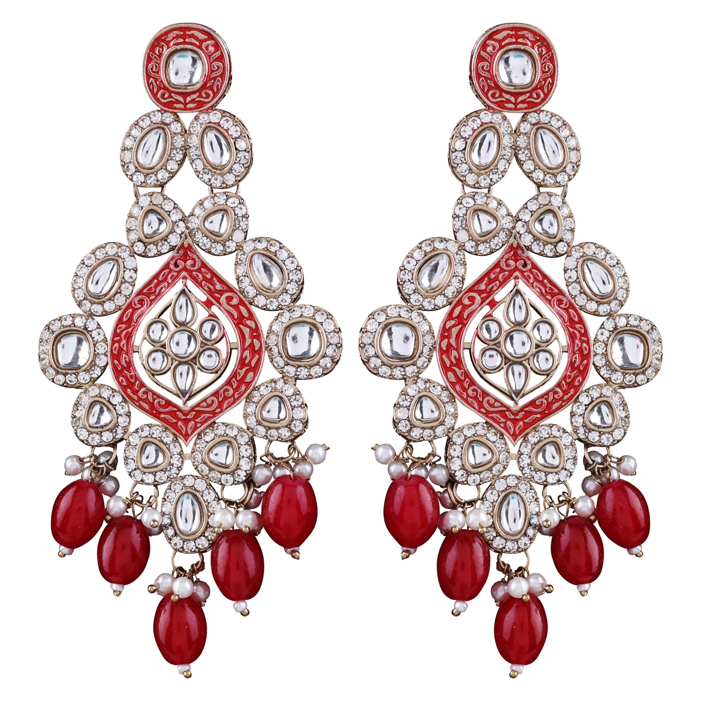 Red Pashmeena Designer Kundan Meena Earring