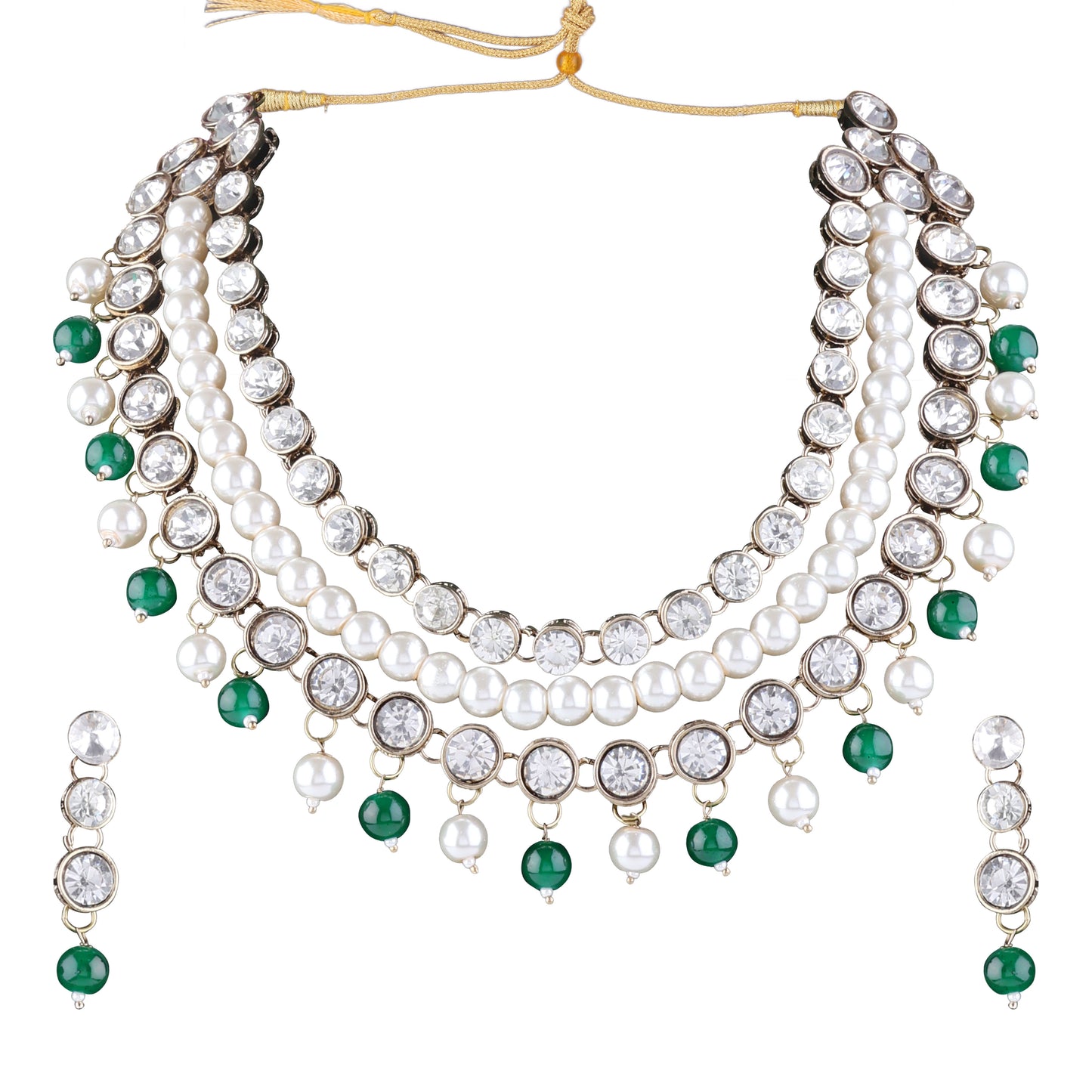 Green Kiran Kundan Pearl Beads Necklace Set with Earring