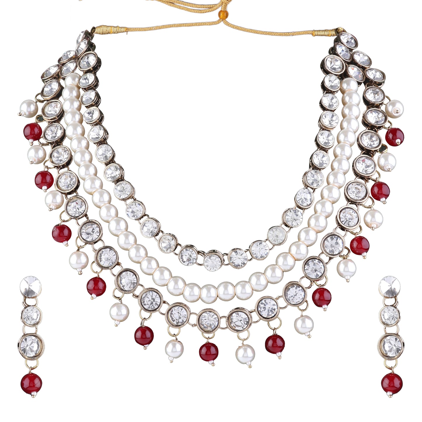 Ruby Kiran Kundan Pearl Beads Necklace Set with Earring