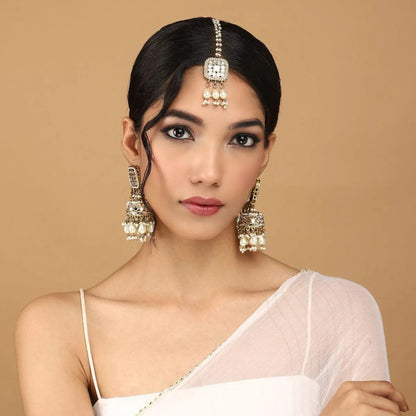 Pearl Aayat Bahubali Jhumka with Statement Kaan Chain and Teeka