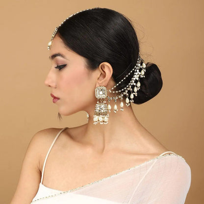 Pearl Aayat Bahubali Jhumka with Statement Kaan Chain and Teeka