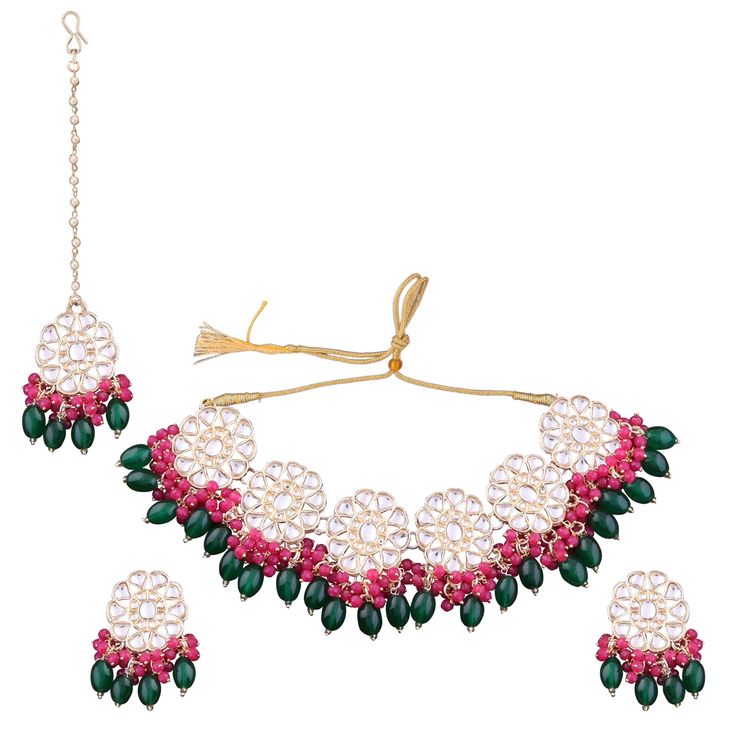 Pink Green Yuvraj Choker Necklace Set with Earring and Teeka