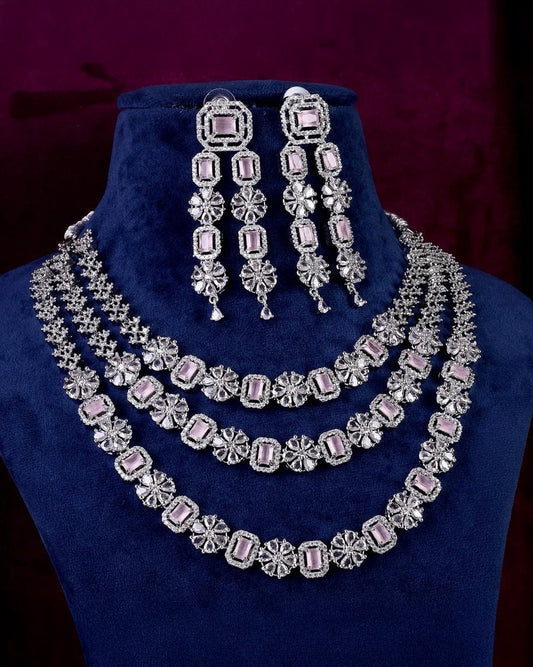 Blush Salina 3 Layer American Diamond Necklace Set