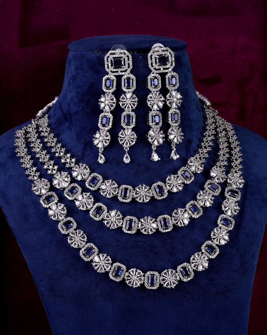 Blue Salina 3 Layer American Diamond Necklace Set