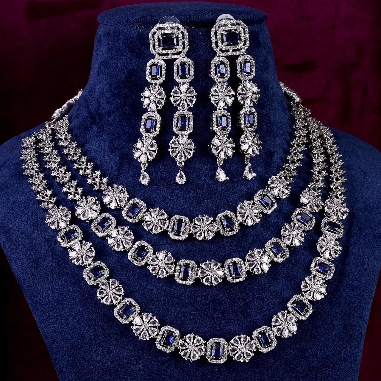 Blue Salina 3 Layer American Diamond Necklace Set