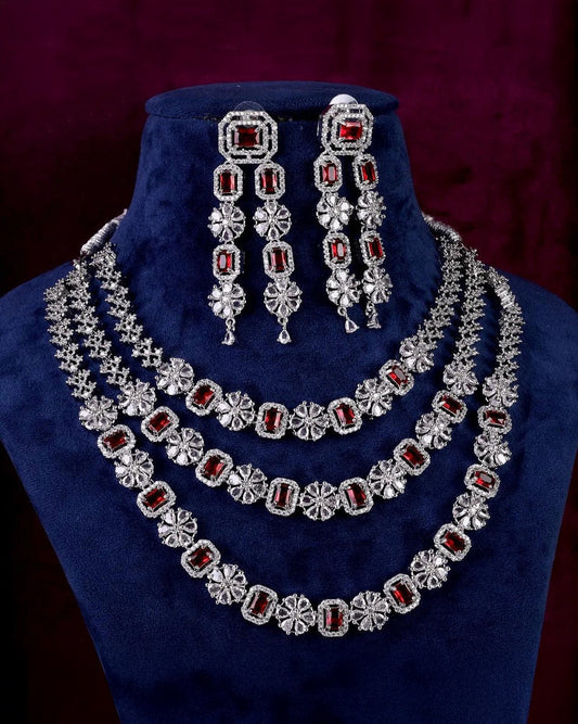 Wine Salina 3 Layer American Diamond Necklace Set