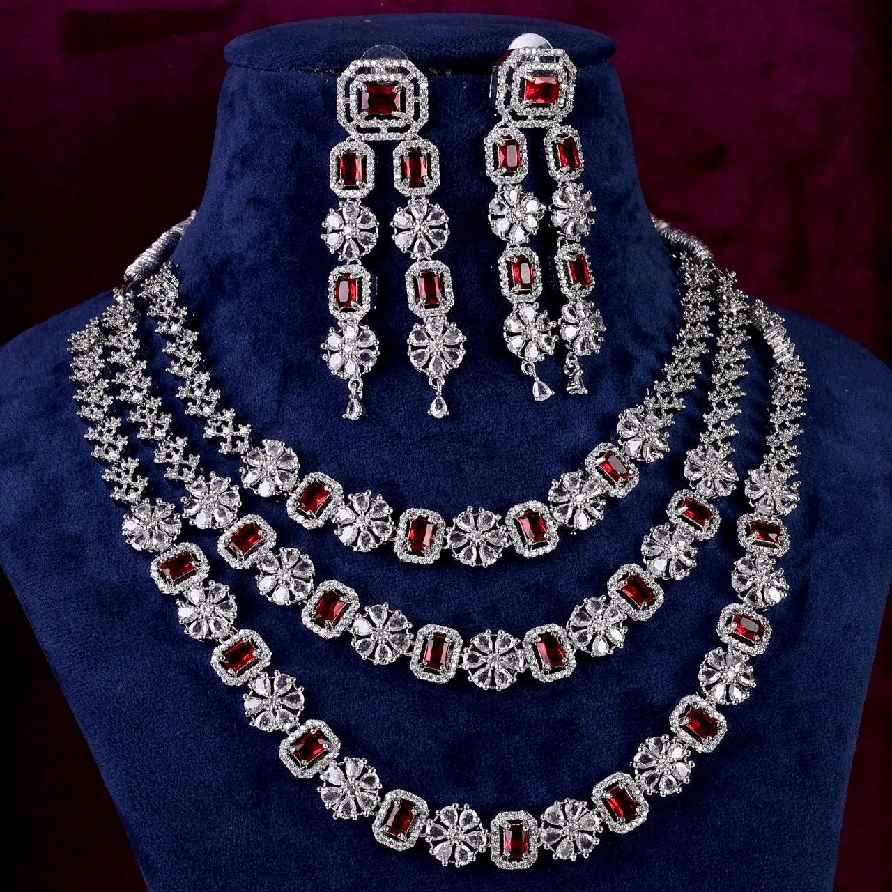 Wine Salina 3 Layer American Diamond Necklace Set