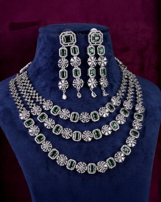 Emerald Salina 3 Layer American Diamond Necklace Set