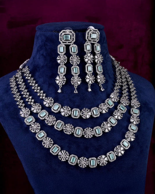 Mint Green Salina 3 Layer American Diamond Necklace Set