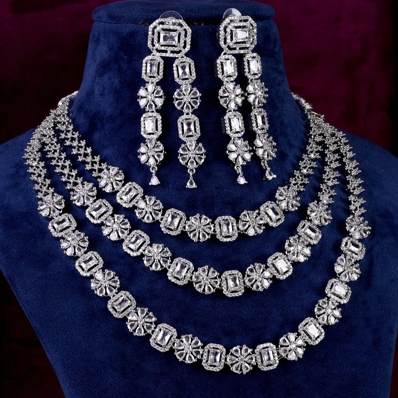 Silver Salina 3 Layer American Diamond Necklace Set