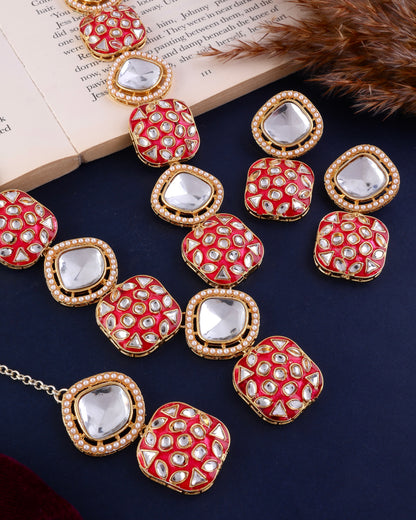 Pink Harleen Meenakari Long Necklace Set with Teeka and Earring