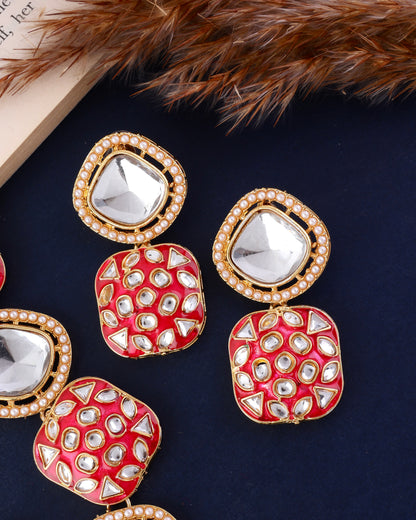 Pink Harleen Meenakari Long Necklace Set with Teeka and Earring