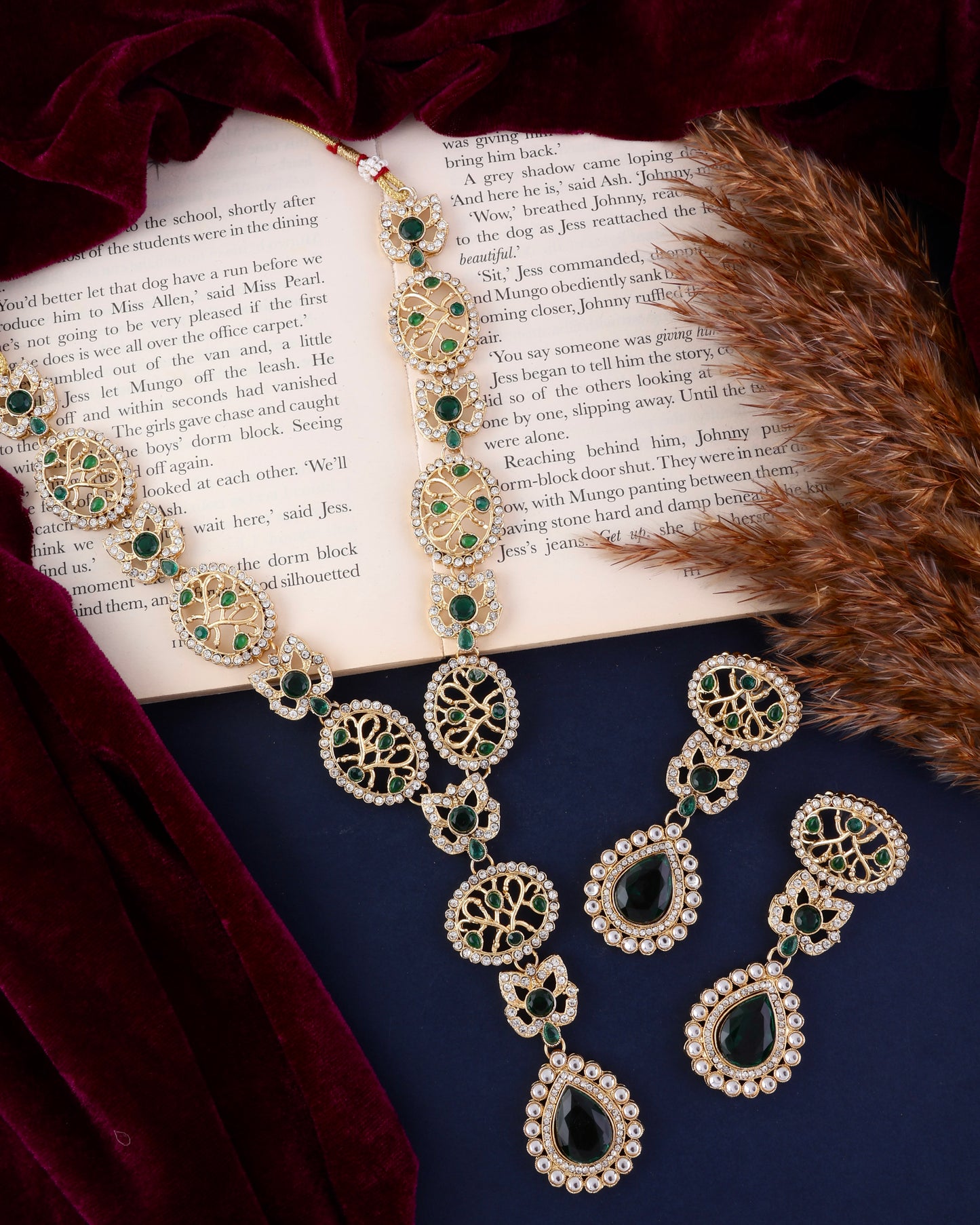 Green Zivah Long Necklace Set with Earring and Teeka