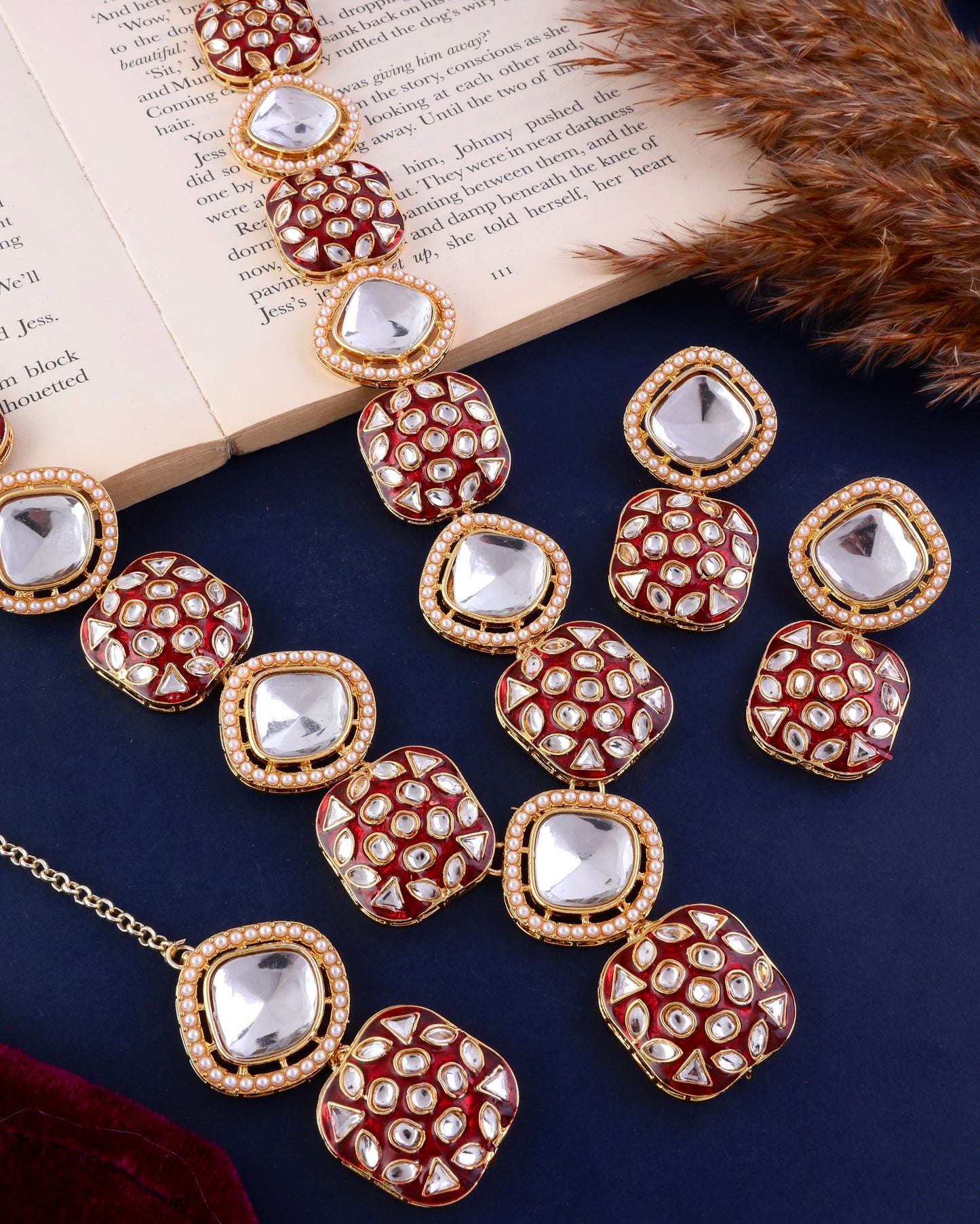 Maroon Harleen Meenakari Long Necklace Set with Teeka and Earring