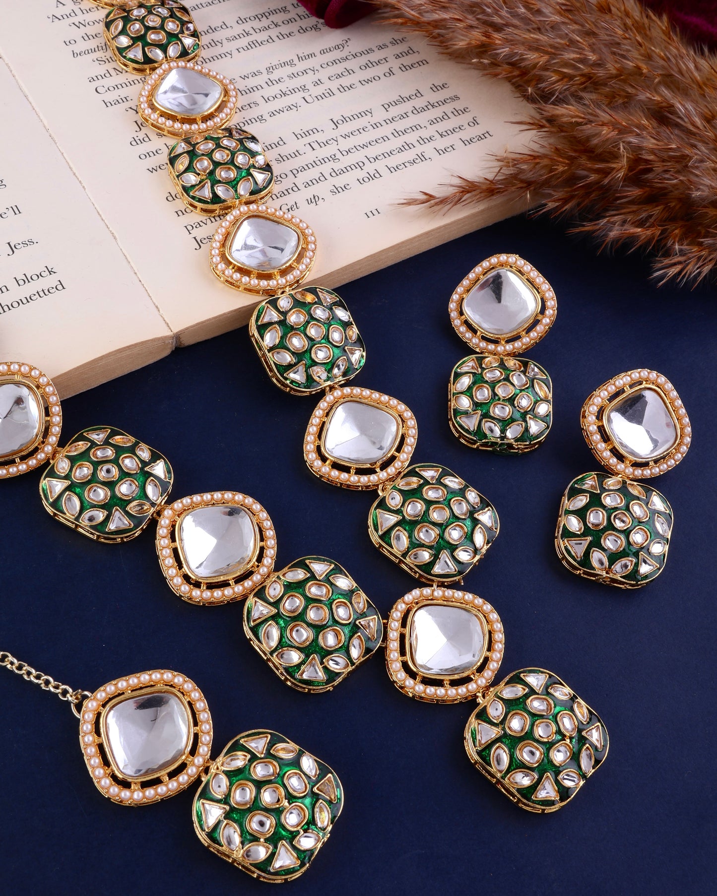 Green Harleen Meenakari Long Necklace Set with Teeka and Earring
