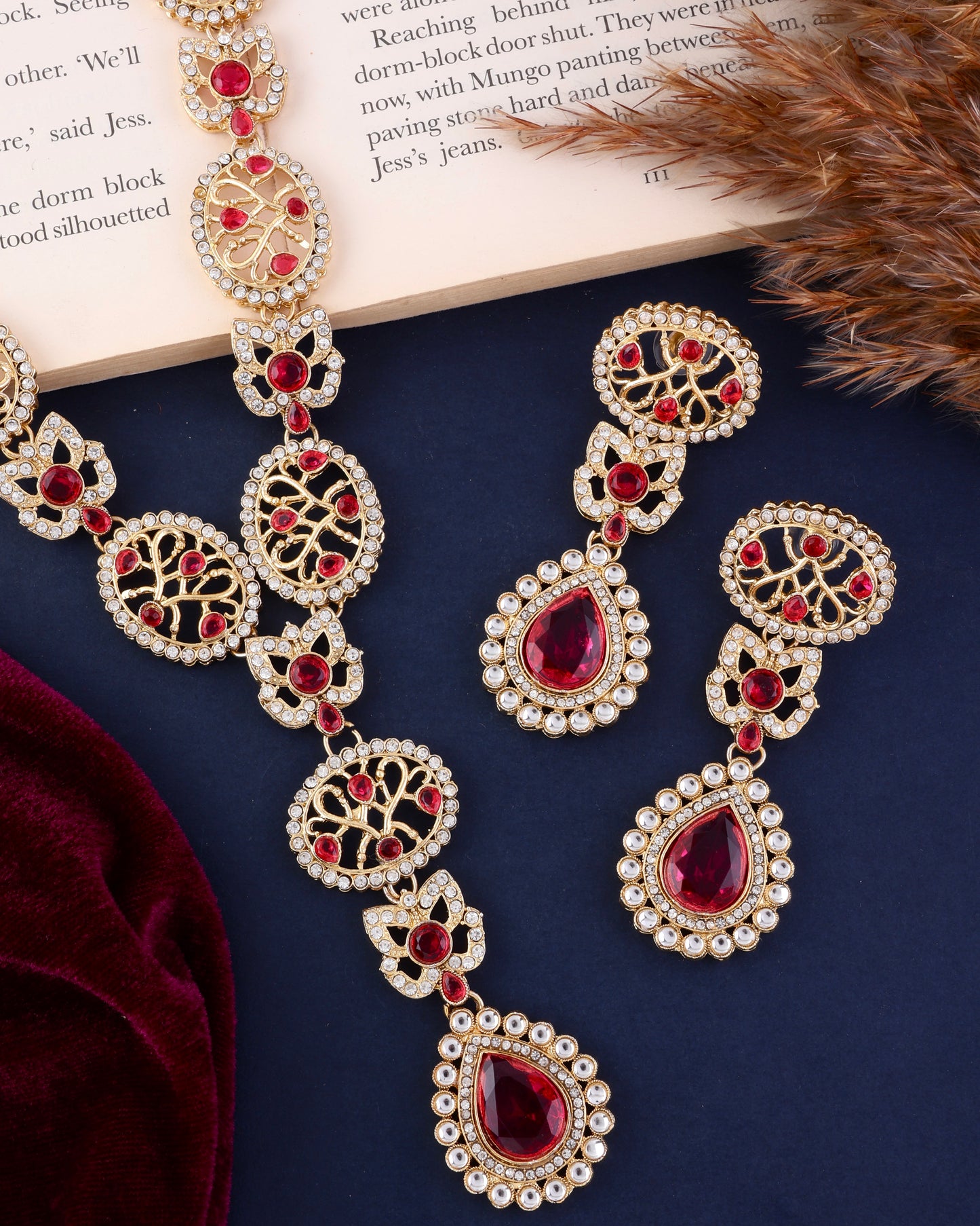 Red Zivah Long Necklace Set with Earring