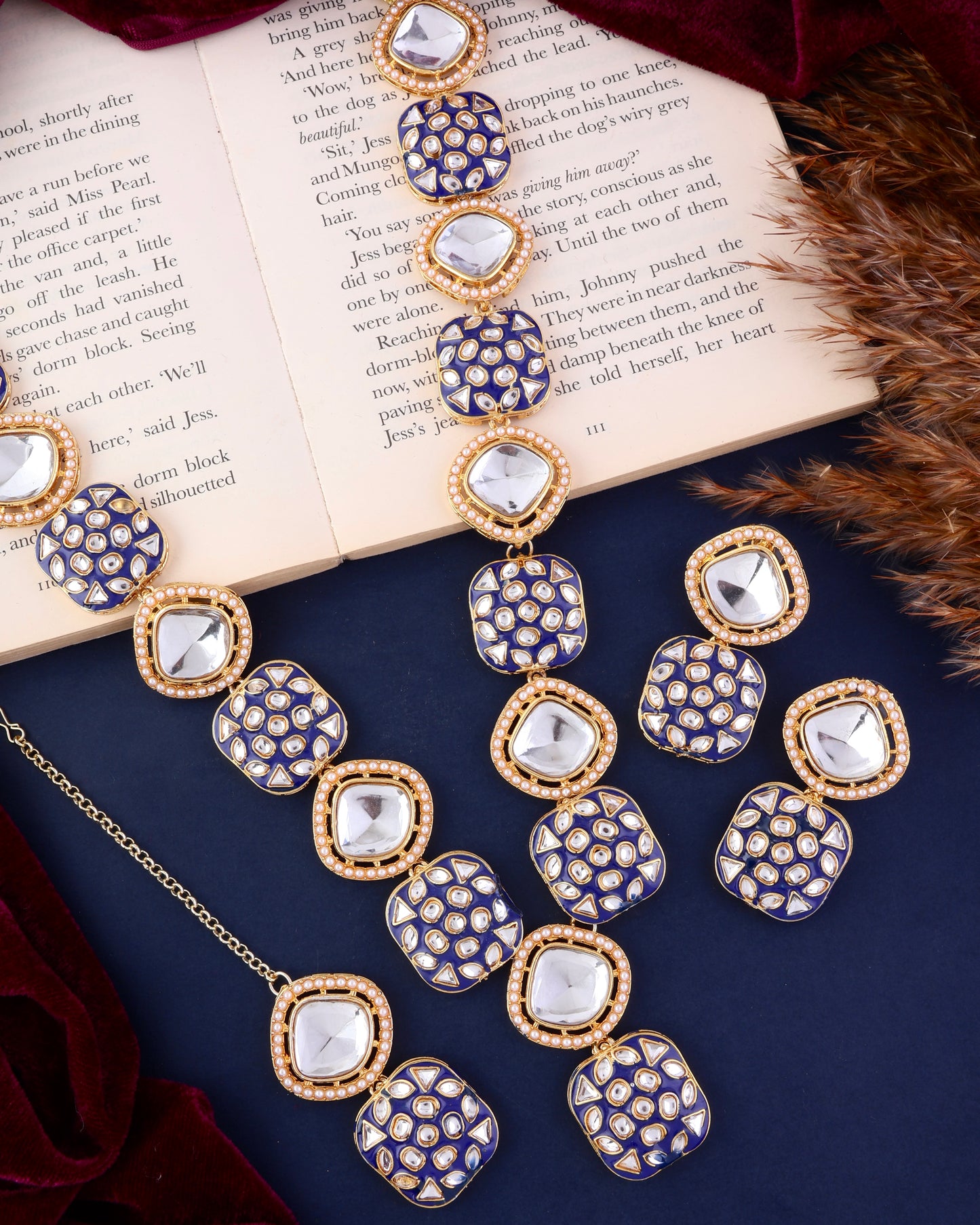 Blue Harleen Meenakari Long Necklace Set with Teeka and Earring