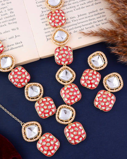 Pink Harleen Meenakari Long Necklace Set with Teeka and Earring