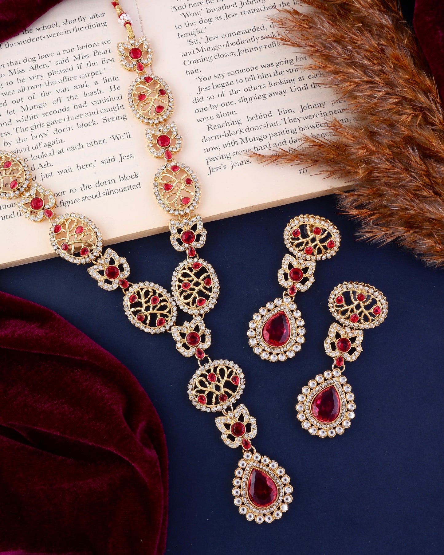 Red Zivah Long Necklace Set with Earring