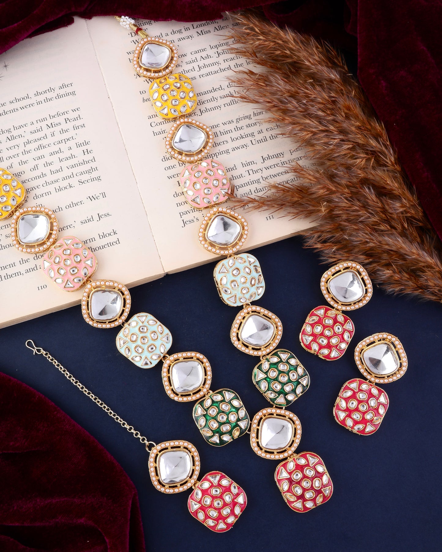 Multi Harleen Meenakari Long Necklace Set with Teeka and Earring