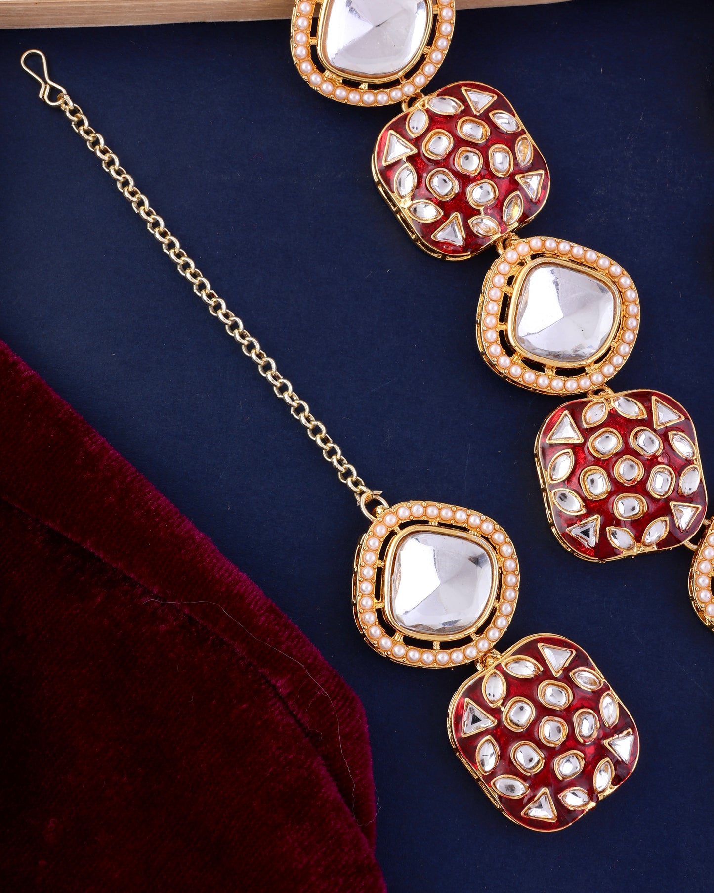Maroon Harleen Meenakari Long Necklace Set with Teeka and Earring