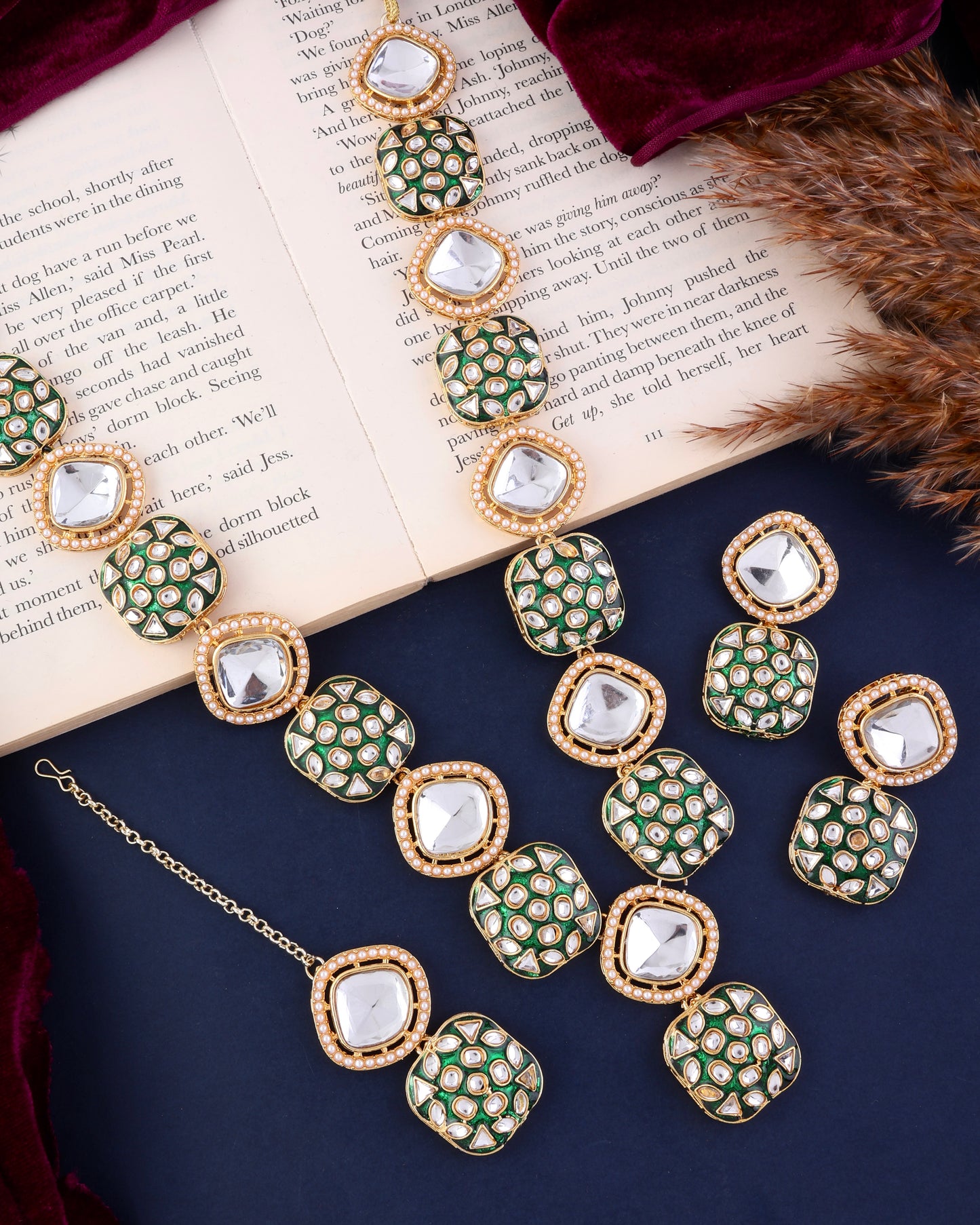Green Harleen Meenakari Long Necklace Set with Teeka and Earring