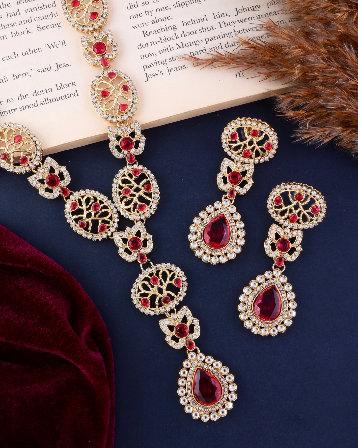 Red Zivah Long Necklace Set with Earring