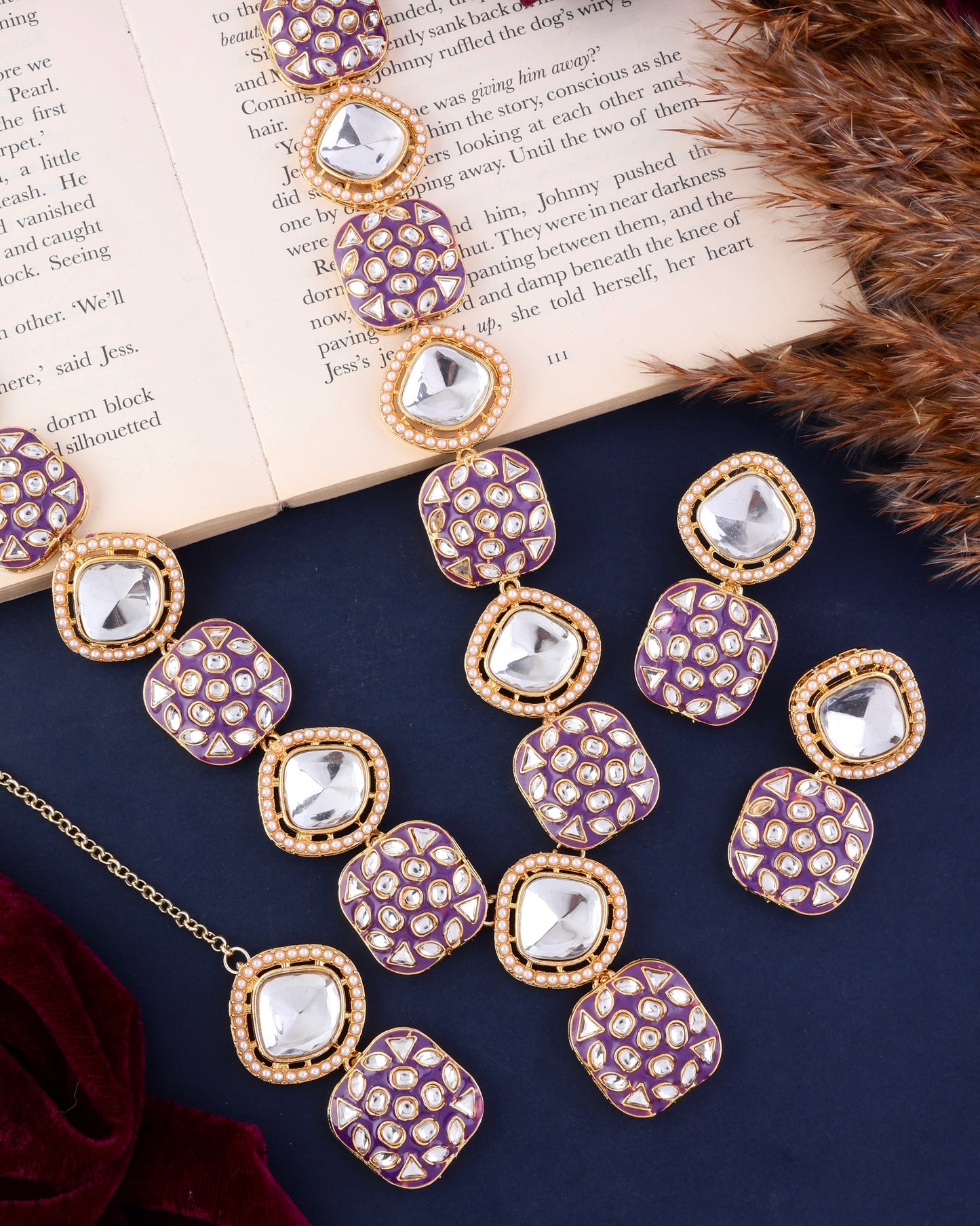 Purple Harleen Meenakari Long Necklace Set with Teeka and Earring
