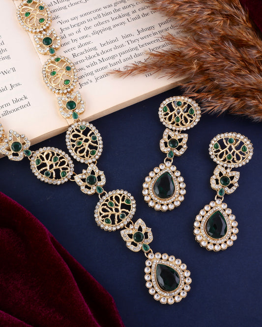 Green Zivah Long Necklace Set with Earring and Teeka