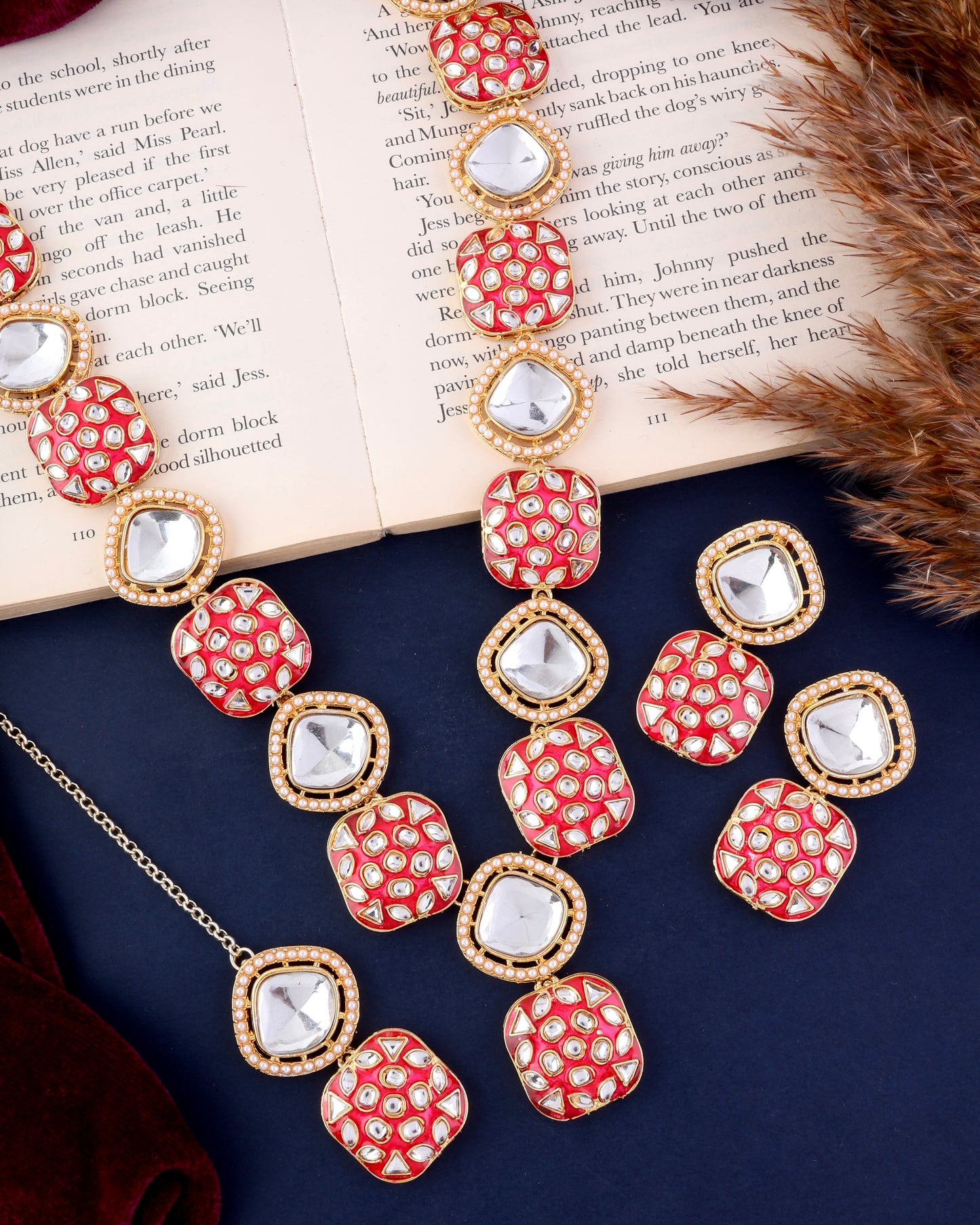 Pink Harleen Meenakari Long Necklace Set with Teeka and Earring