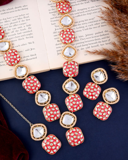 Pink Harleen Meenakari Long Necklace Set with Teeka and Earring