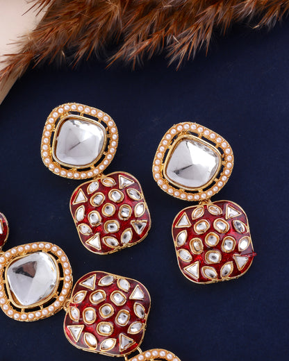 Maroon Harleen Meenakari Long Necklace Set with Teeka and Earring