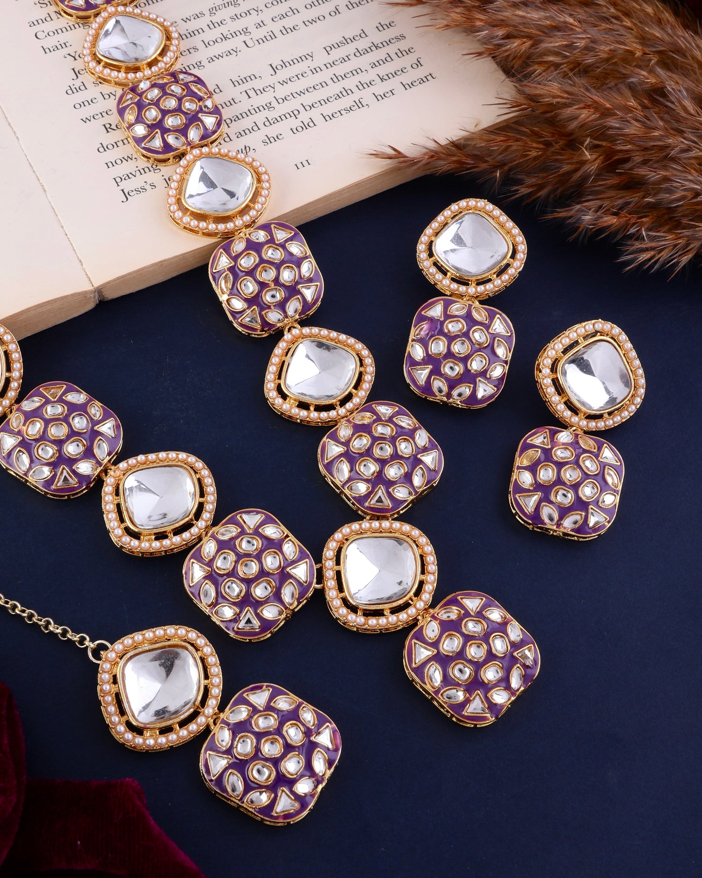 Purple Harleen Meenakari Long Necklace Set with Teeka and Earring