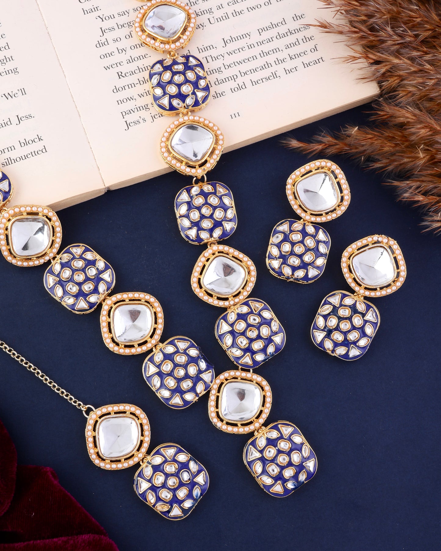 Blue Harleen Meenakari Long Necklace Set with Teeka and Earring