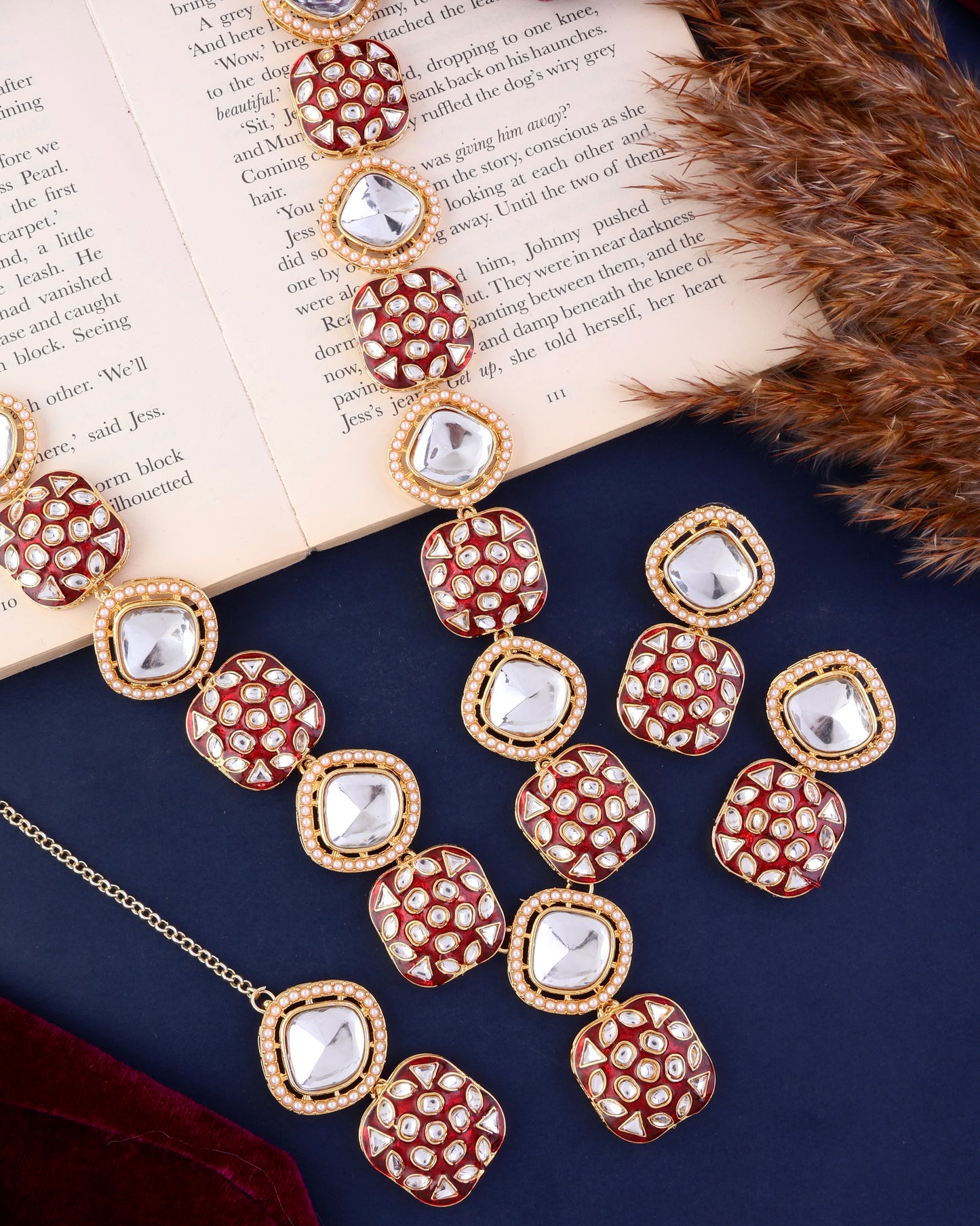 Maroon Harleen Meenakari Long Necklace Set with Teeka and Earring