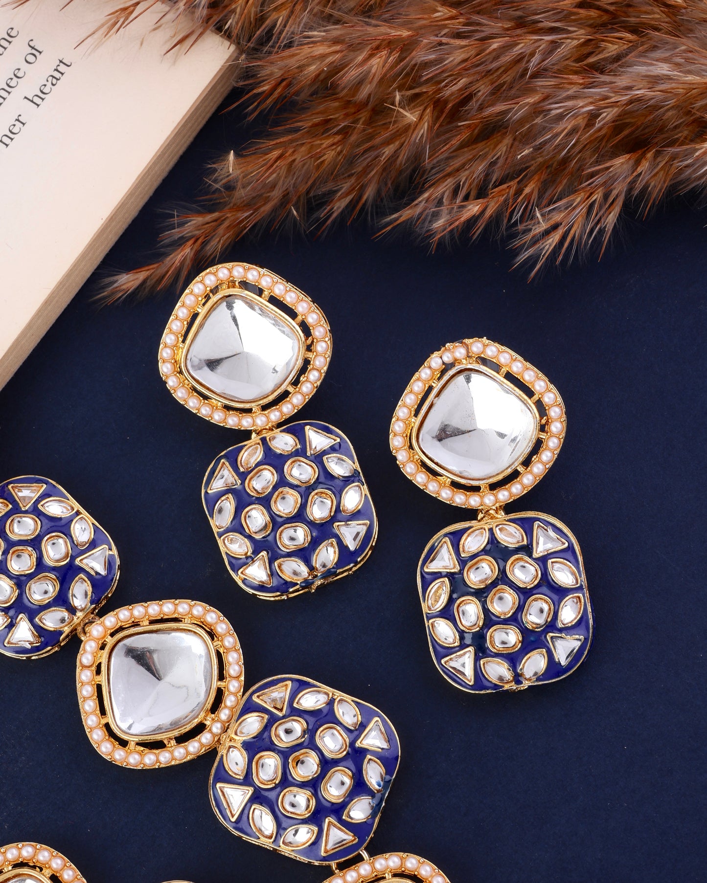 Blue Harleen Meenakari Long Necklace Set with Teeka and Earring