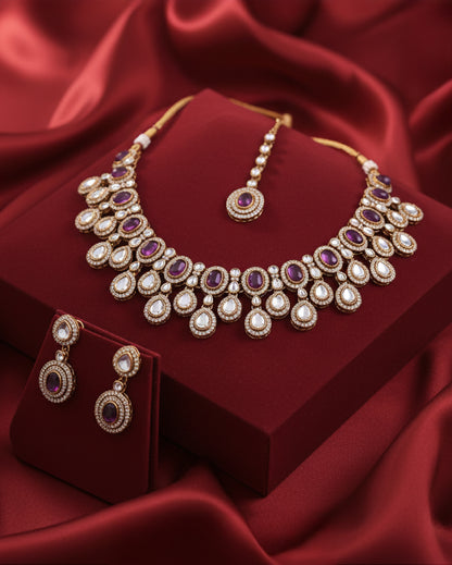 Purple Sehaj Premium Polki Dupe Necklace with Earring and Teeka