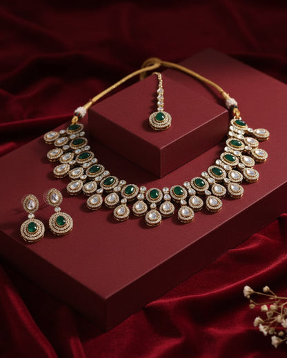 Green Sehaj Premium Polki Dupe Necklace with Earring and Teeka