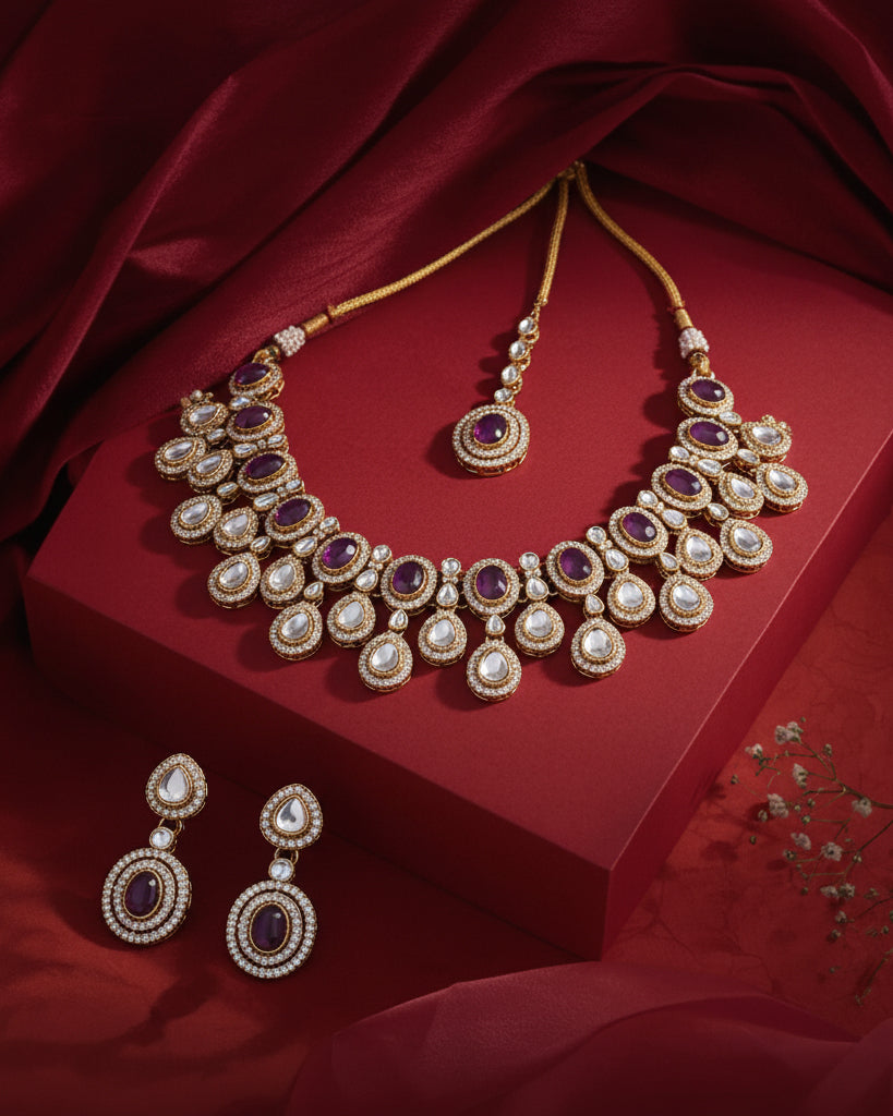 Purple Sehaj Premium Polki Dupe Necklace with Earring and Teeka
