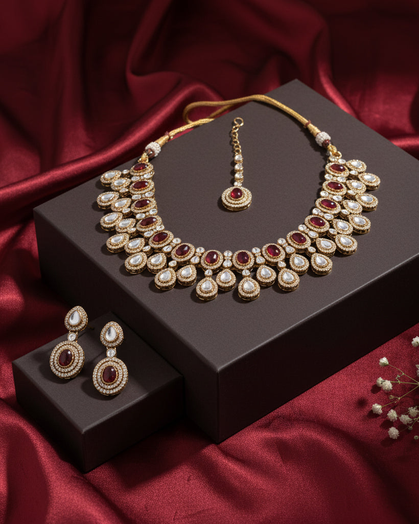 Maroon Sehaj Premium Polki Dupe Necklace with Earring and Teeka