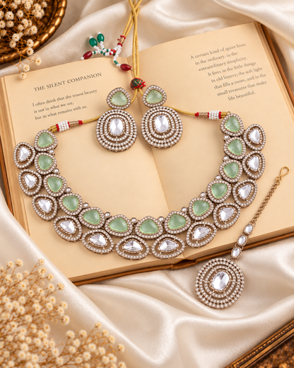 Mint Rajnivanshi Premium Polki Dupe Necklace with Earring and Teeka