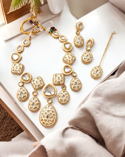 Ivory Kuvar Premium Meenakari Dabi Kundan Necklace Set with Earring and Teeka