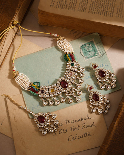 Multi Anika Premium Polki Dupe Necklace with Earring and Mangteeka