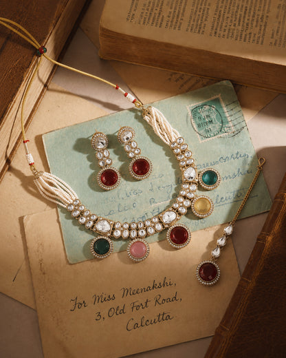 Multi Ishya Premium Polki Dupe Necklace with Earring and Mangteeka