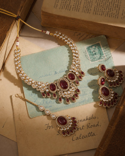 Ruby Yuvrani Premium Polki Dupe Necklace with Earring and Mangteeka