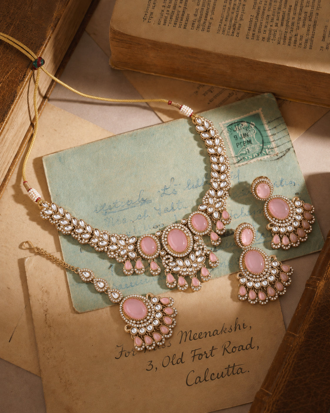 Blush Yuvrani Premium Polki Dupe Necklace with Earring and Mangteeka