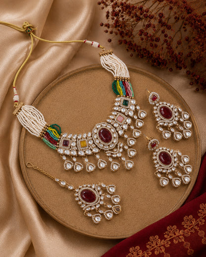 Multi Anika Premium Polki Dupe Necklace with Earring and Mangteeka